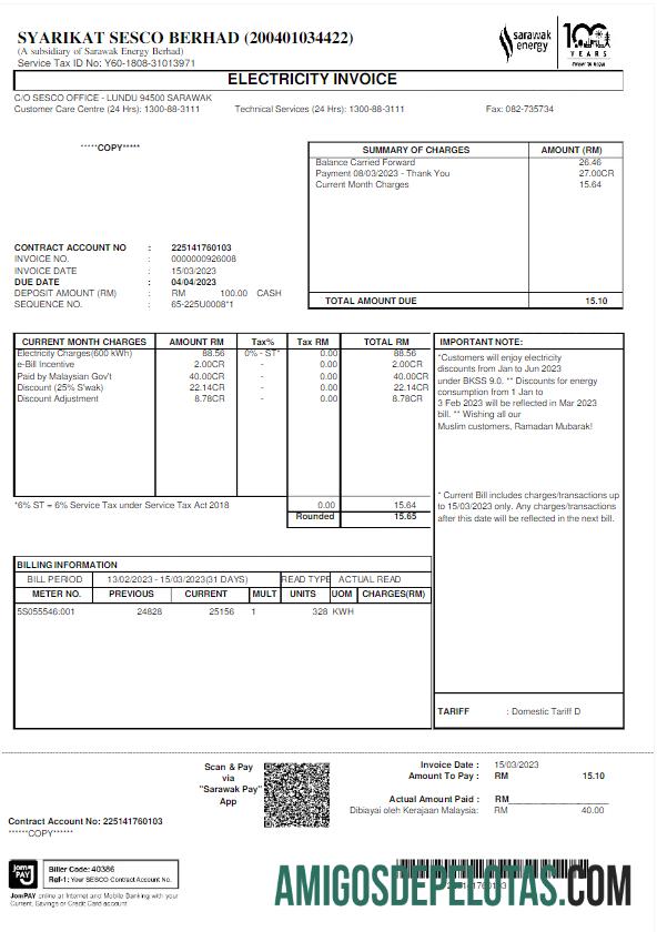 imprimível MALÁSIA SARAWAK ENERGY Utility Bill Wordd e modelo PDF